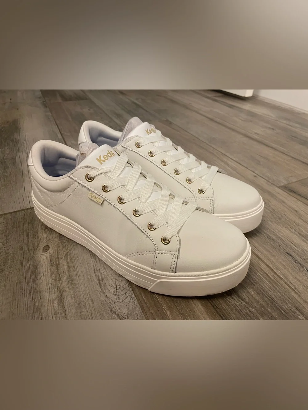 Keds Women’s Park Lace Up Sneaker Platform White Leather Gold Size 10